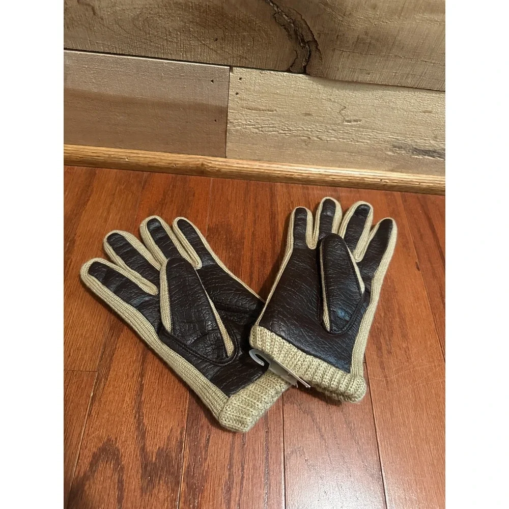 Vintage Brown Faux Leather Gloves S/M Tan Knit 1950s 1960s Chic Taiwan NOS New